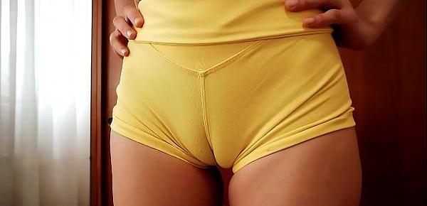  Perfect Cameltoe and Big Ass In Tight Spandex Shorts Teasing on Cock